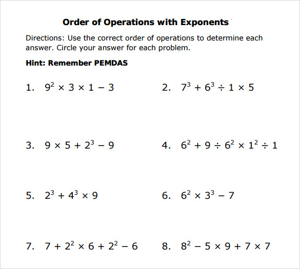 Free Printable Order Of Operations Worksheets With Exponents