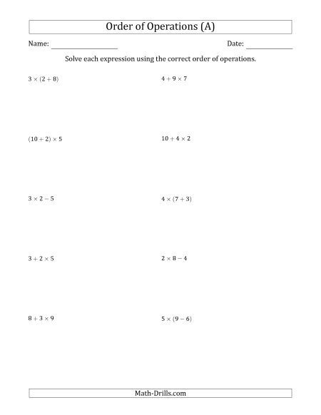 2 Step Order Of Operations With Whole Numbers Addition Subtraction 