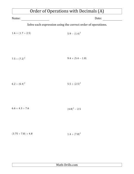 2 Step Positive Decimals Order Of Operations Order Of Operations 