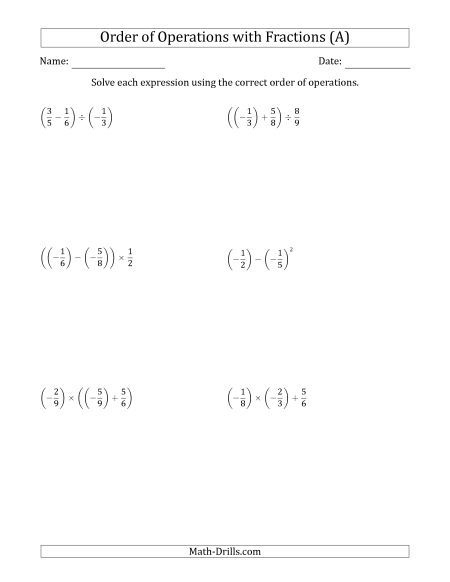 2 Step Positive Negative Fractions Order Of Operations Order Of 