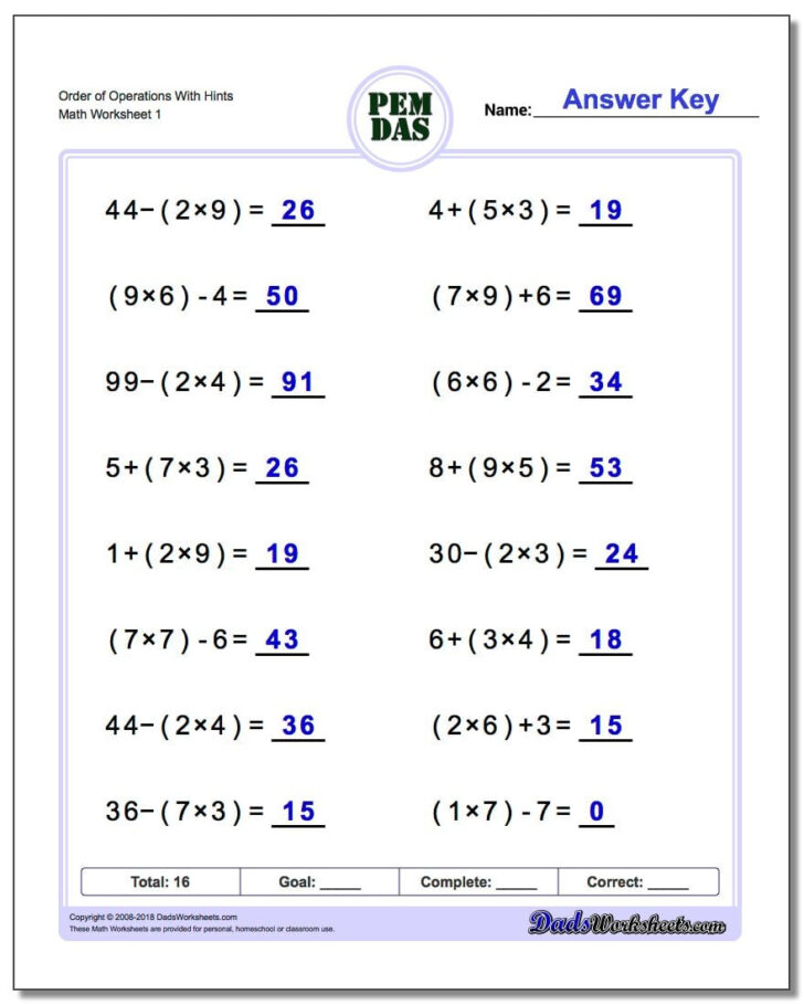 Free Math Worksheets On Order Of Operations