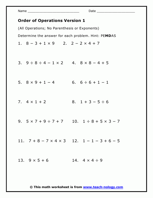 Order Of Operations Without Parentheses Worksheets