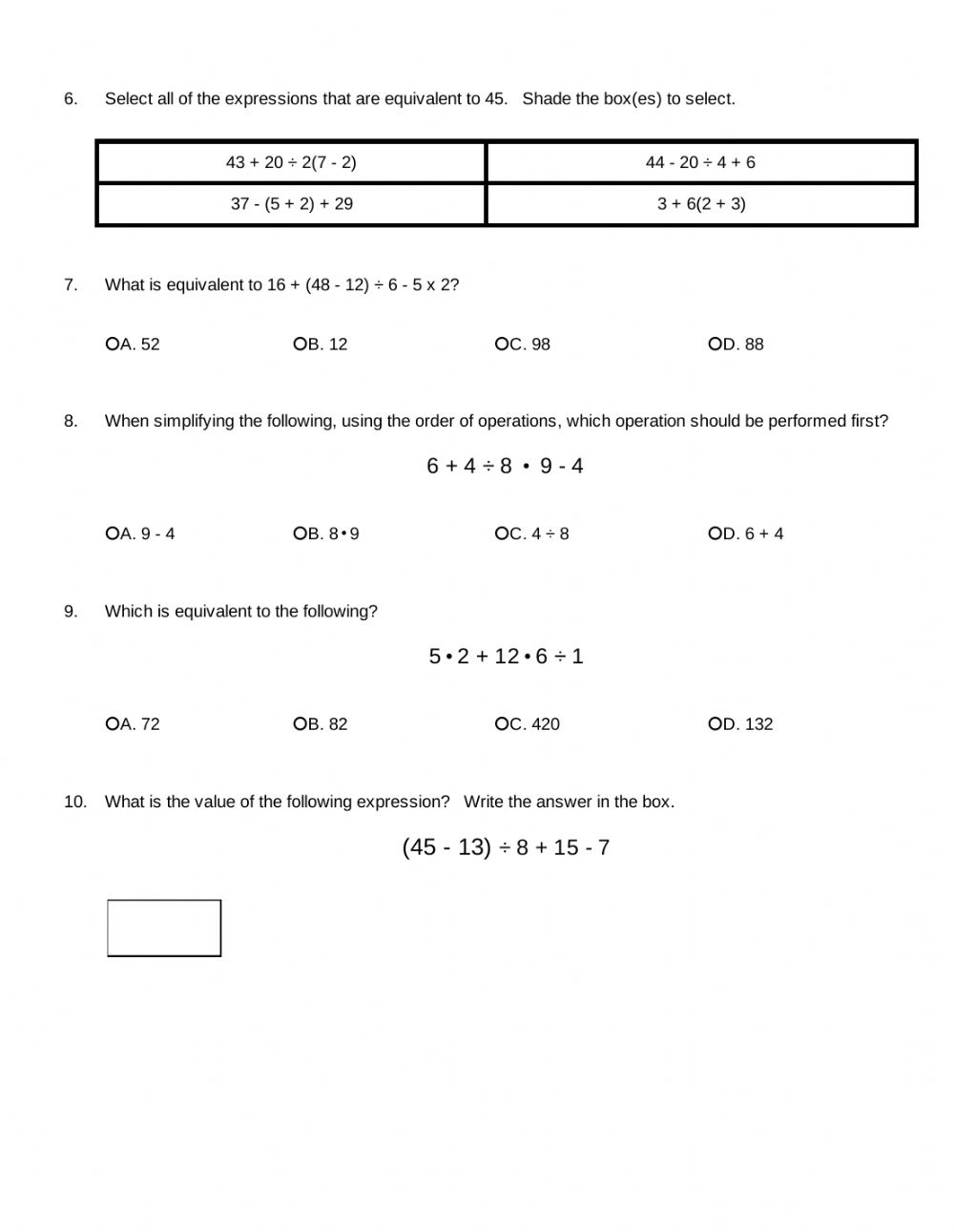 5 7 Order Of Operations Quiz Worksheet