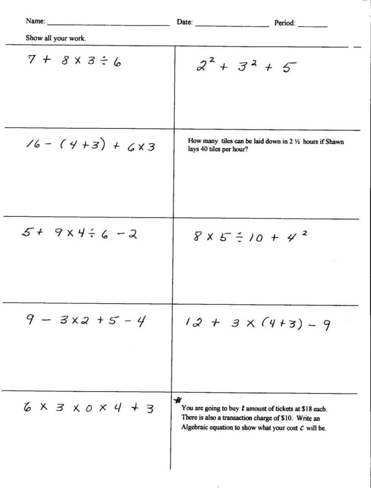 Order Of Operations Worksheets 5th Grade Free