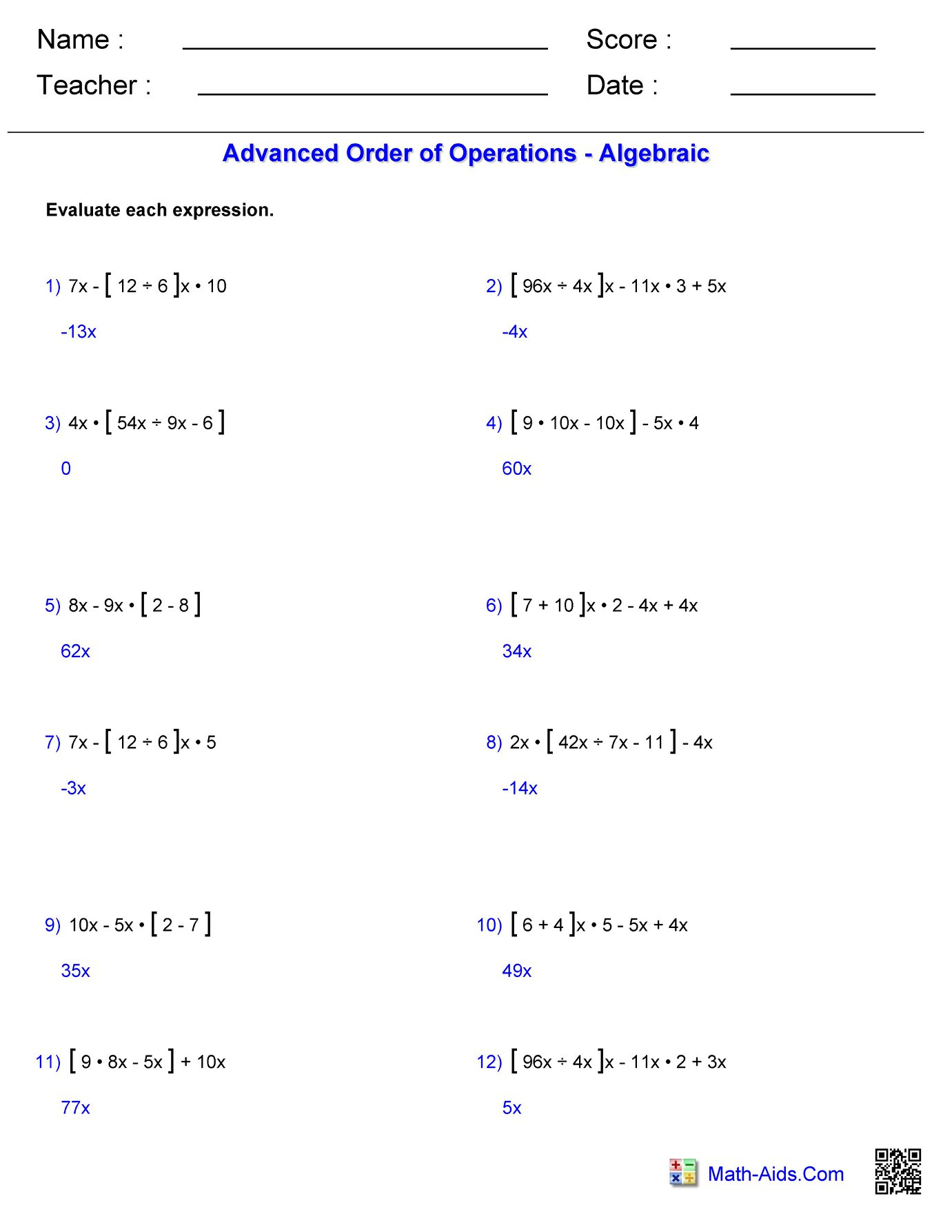 Advanced Order Of Operations 2 Answers Hoeden Homeschool Support