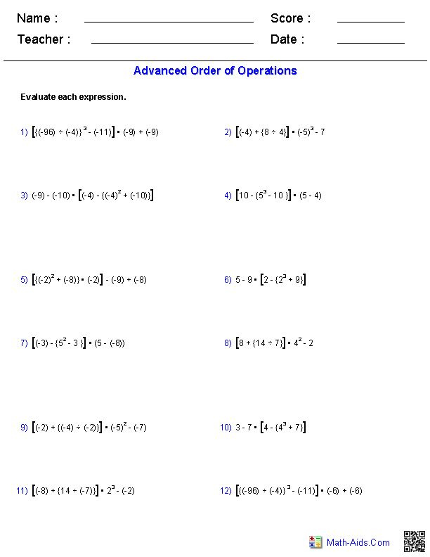 Advanced Order Of Operations Problems Order Of Operations Algebra 