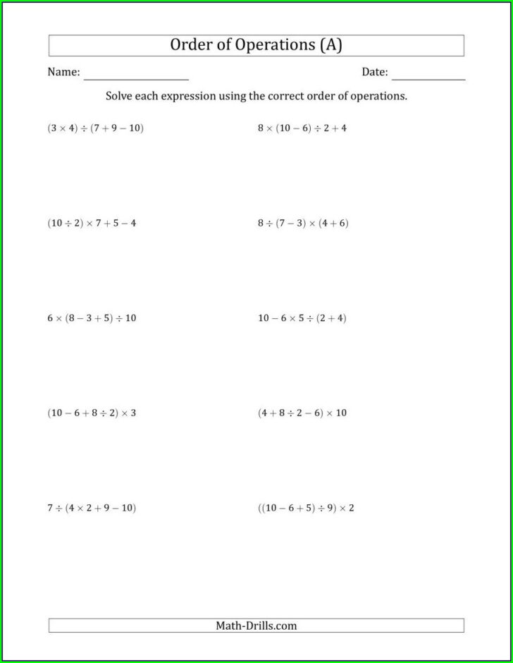 Order Of Operations Worksheet Answers Algebra 1