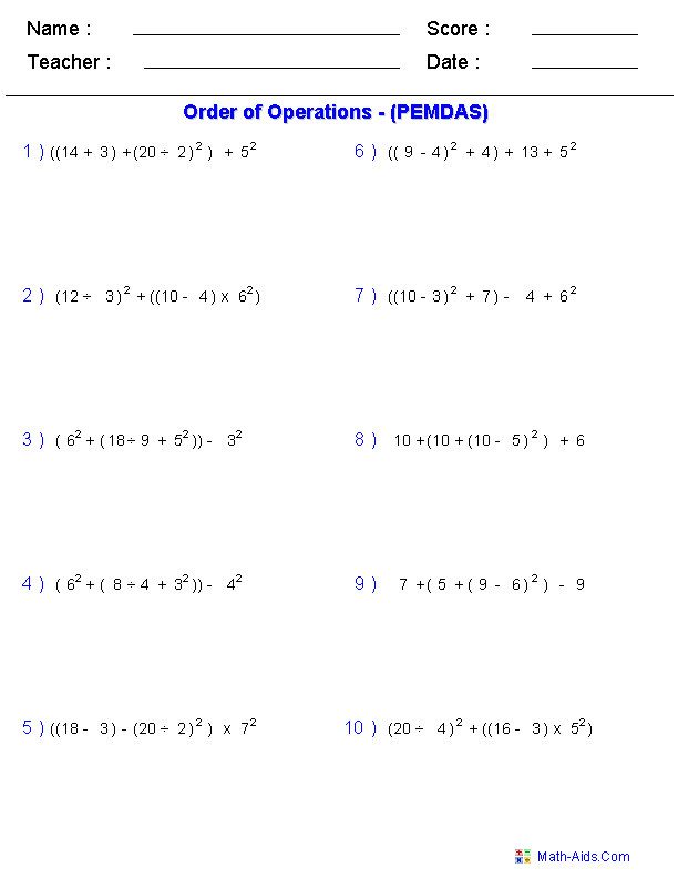 Order Of Operations Algebra 1 Worksheet