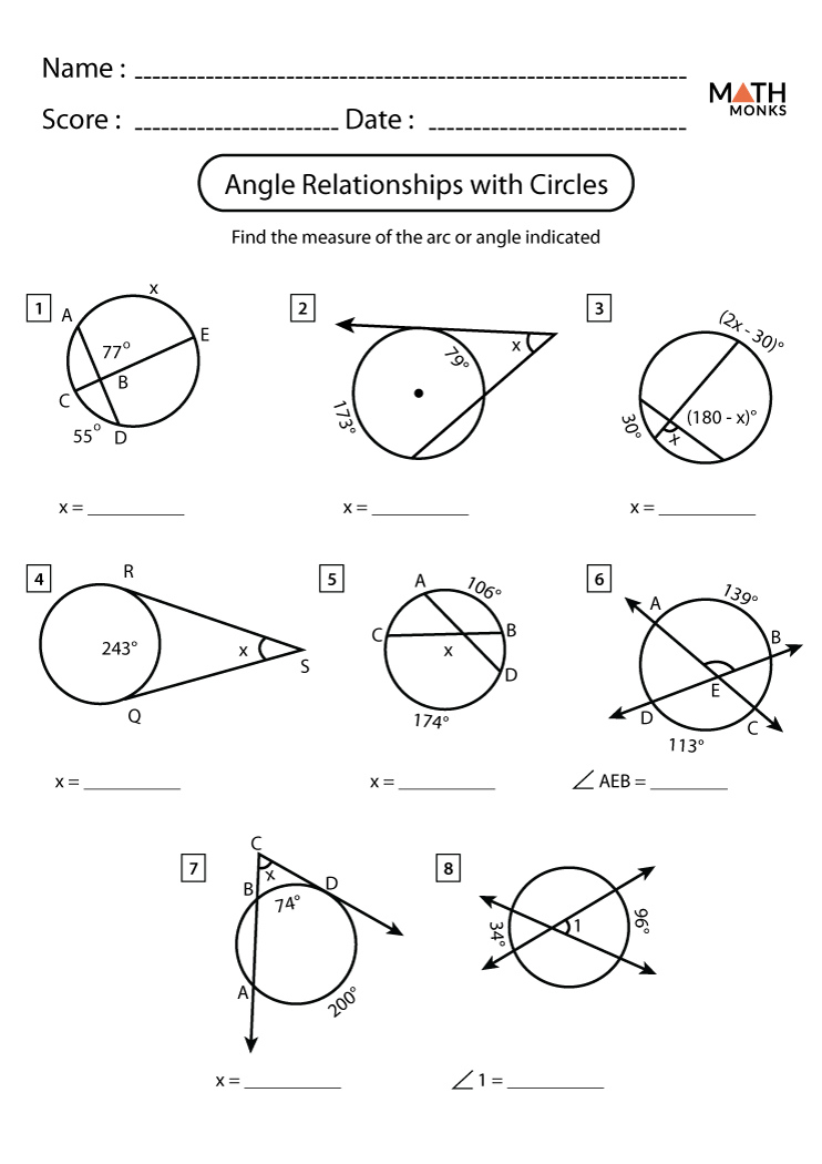 Angles In A Circle Worksheets Math Monks