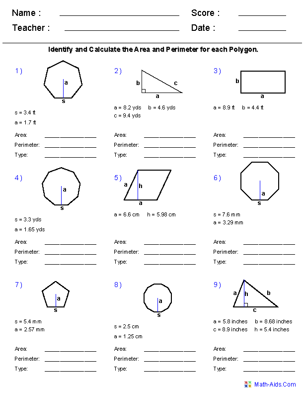 Area Perimeter Geometry Worksheets Area And Perimeter Regular Polygon