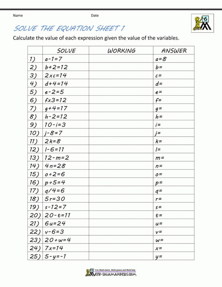 Printable Algebra Worksheets With Answers
