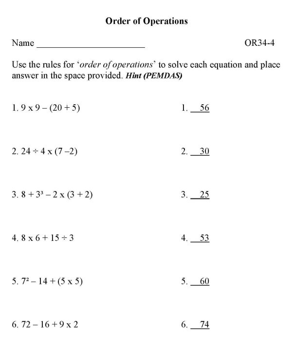 BlueBonkers Free Printable Math Order Of Operation Sheets ALL solution 