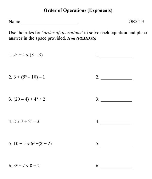 BlueBonkers Free Printable Math Sheets Order Of Operations Exponents