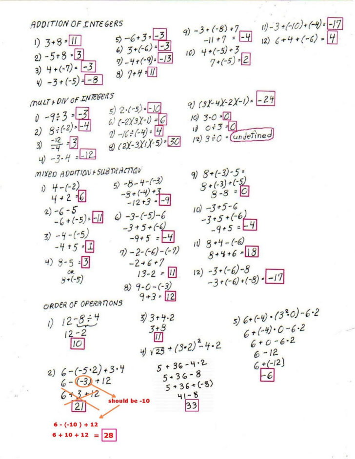 Integer Order Of Operations Worksheet Answers