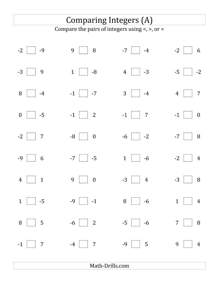 Comparing Integers From 9 To 9 A Integers Worksheet Integers 