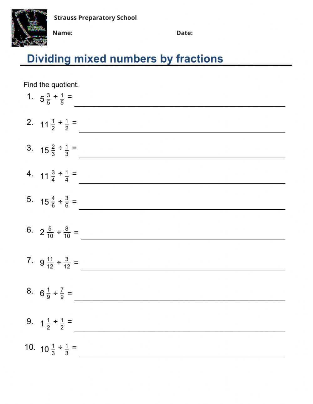 Dividing Fractions Worksheet