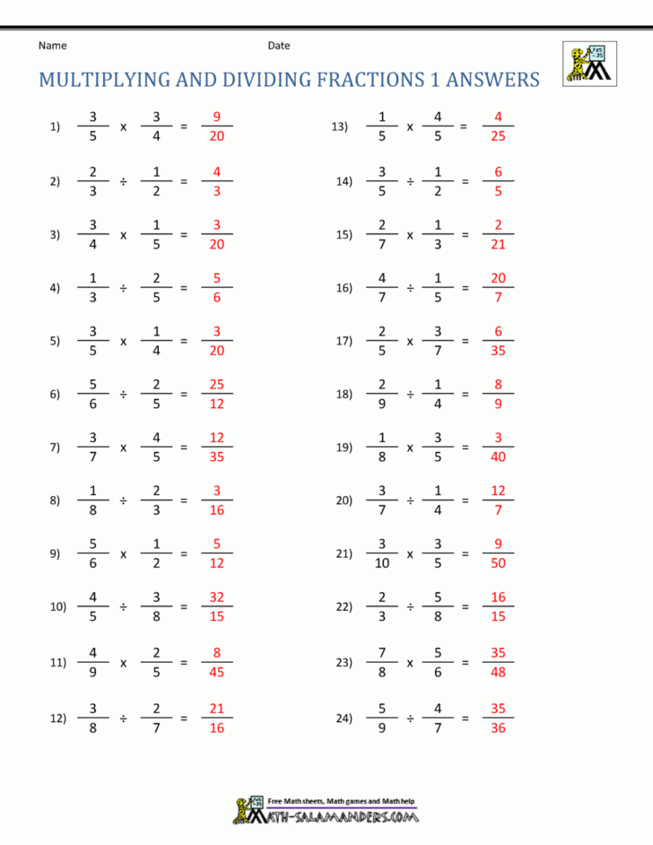 Dividing Fractions Worksheets With Answers
