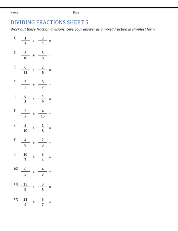 Fraction Division Problems Worksheet