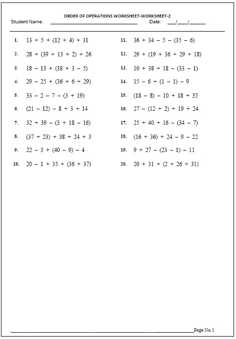 Math Worksheet Order Of Operations 4th Grade