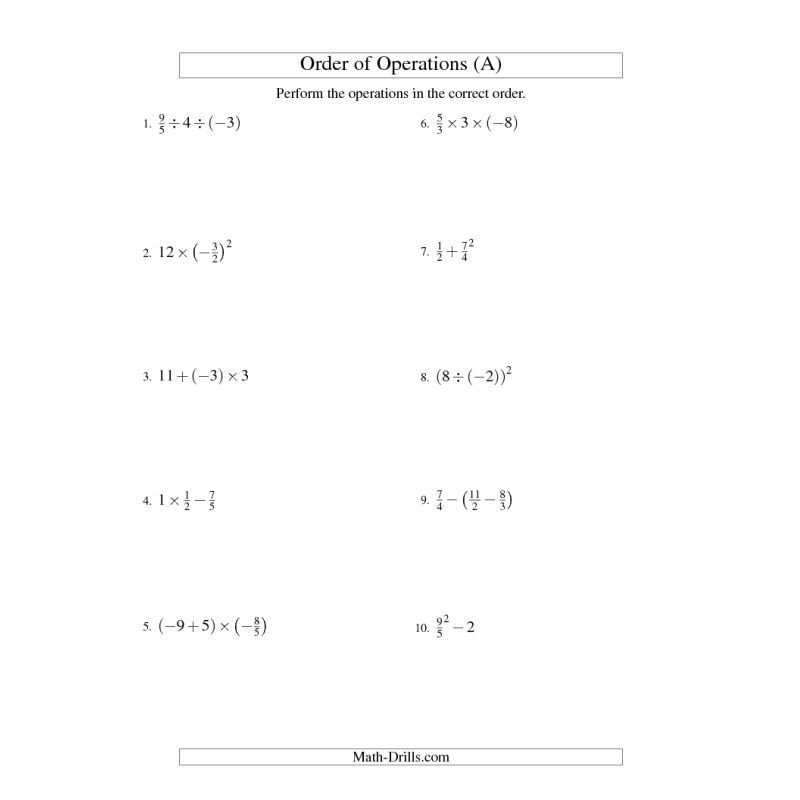 Fractions Order Of Operations Two Steps Including Negative Fractions 