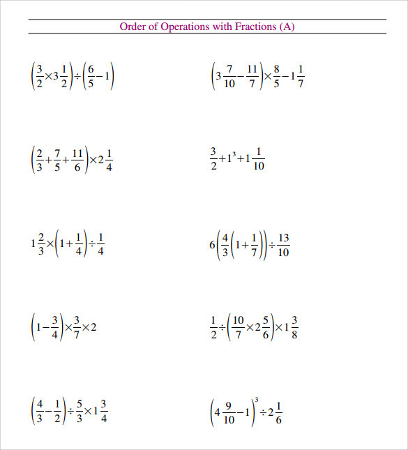 Order Of Operations With Fractions Worksheets