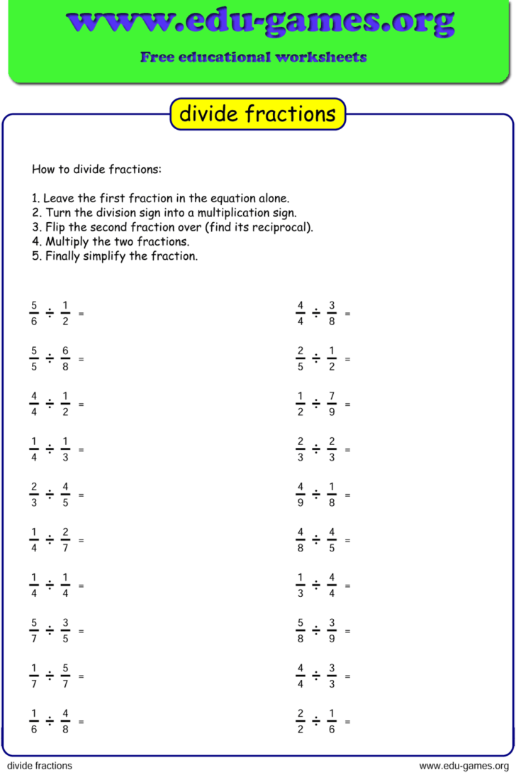 Dividing Fractions Worksheets For Kids