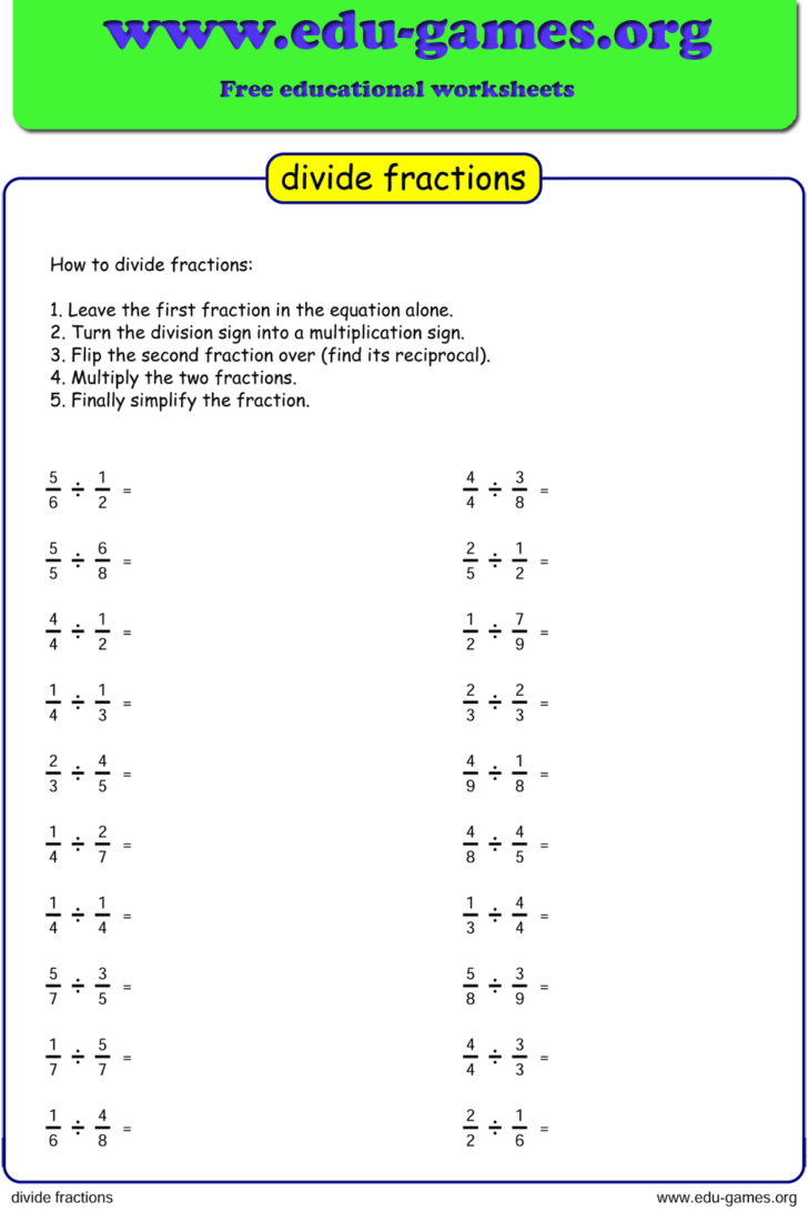 Dividing Fractions Printable Worksheets