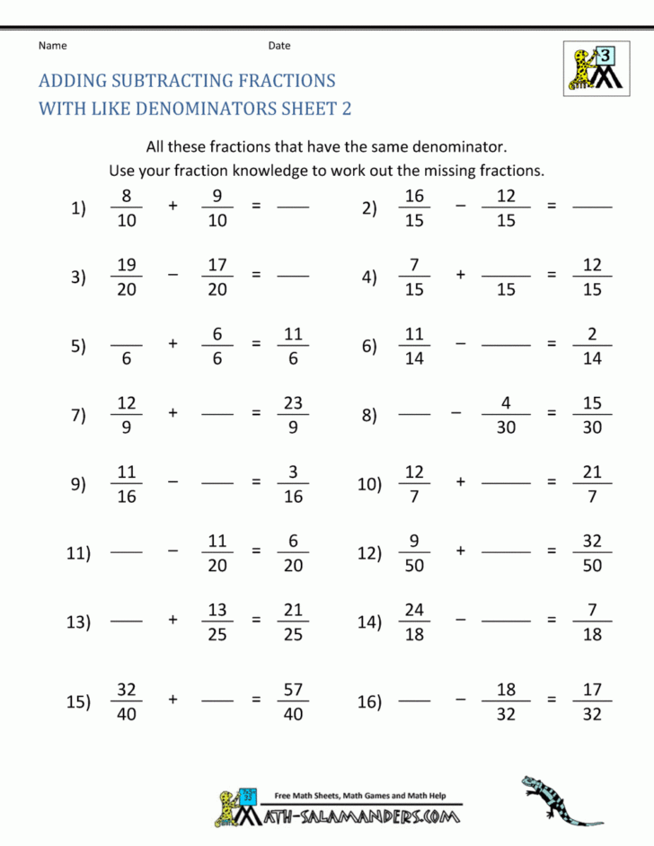 Free Math Fraction Adding And Subtracting Worksheets
