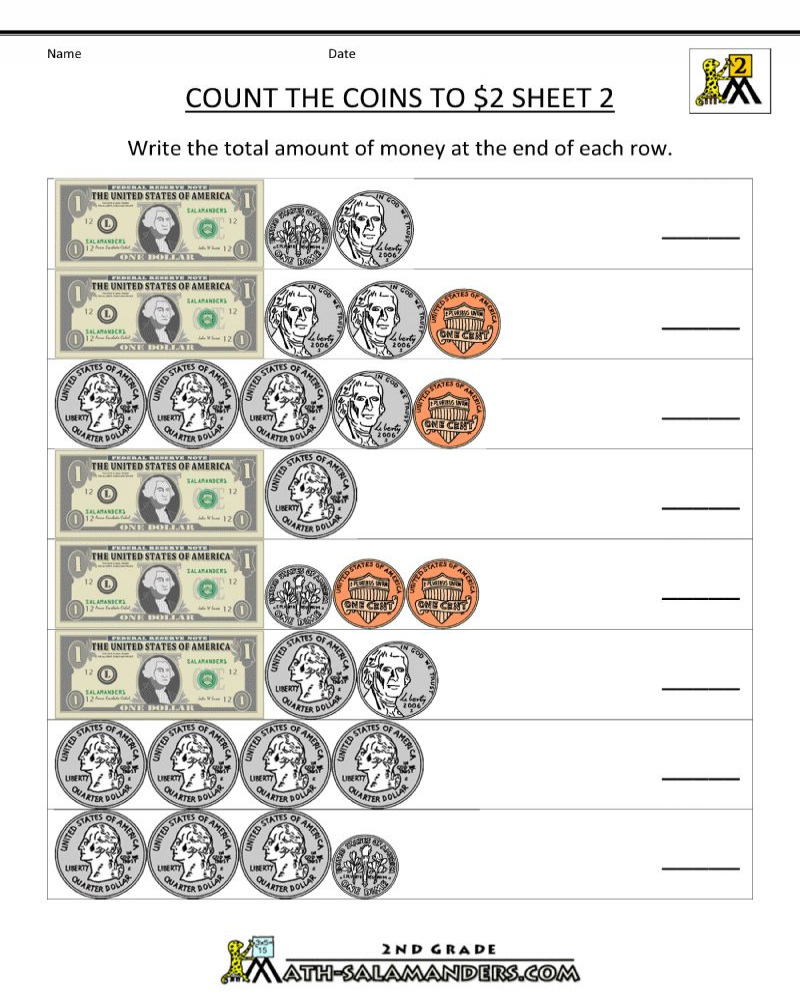 Free Printable Math Worksheets 2nd Grade Counting Money Math 