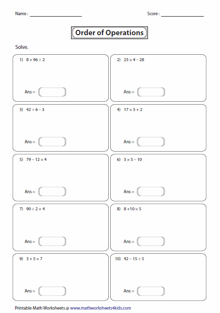 Free Printable Math Worksheets 6th Th 8th Grade Pre Algebra Order 