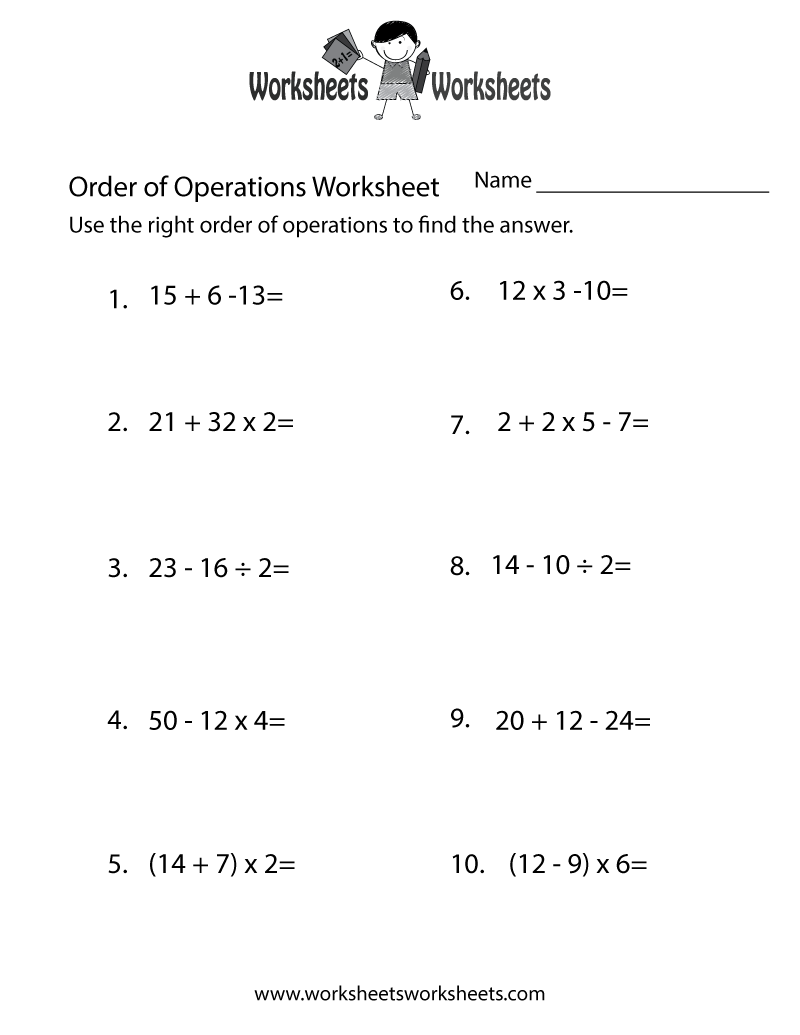 Free Printable Simple Order Of Operations Worksheet