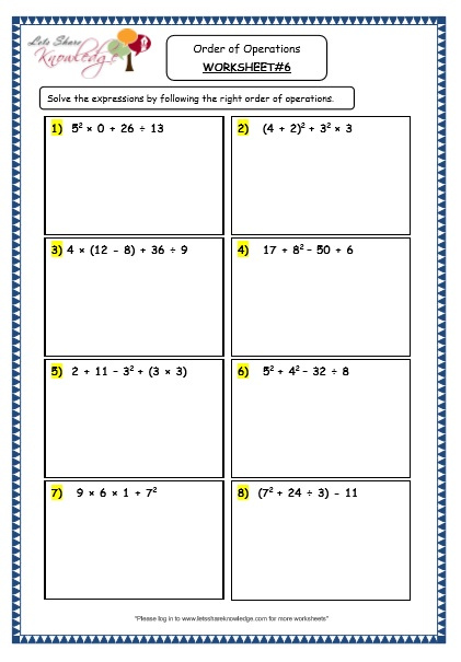 Grade 4 Maths Resources 1 8 Order Of Operations Printable Worksheets 