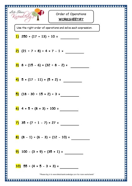 Grade 4 Maths Resources 1 8 Order Of Operations Printable Worksheets 