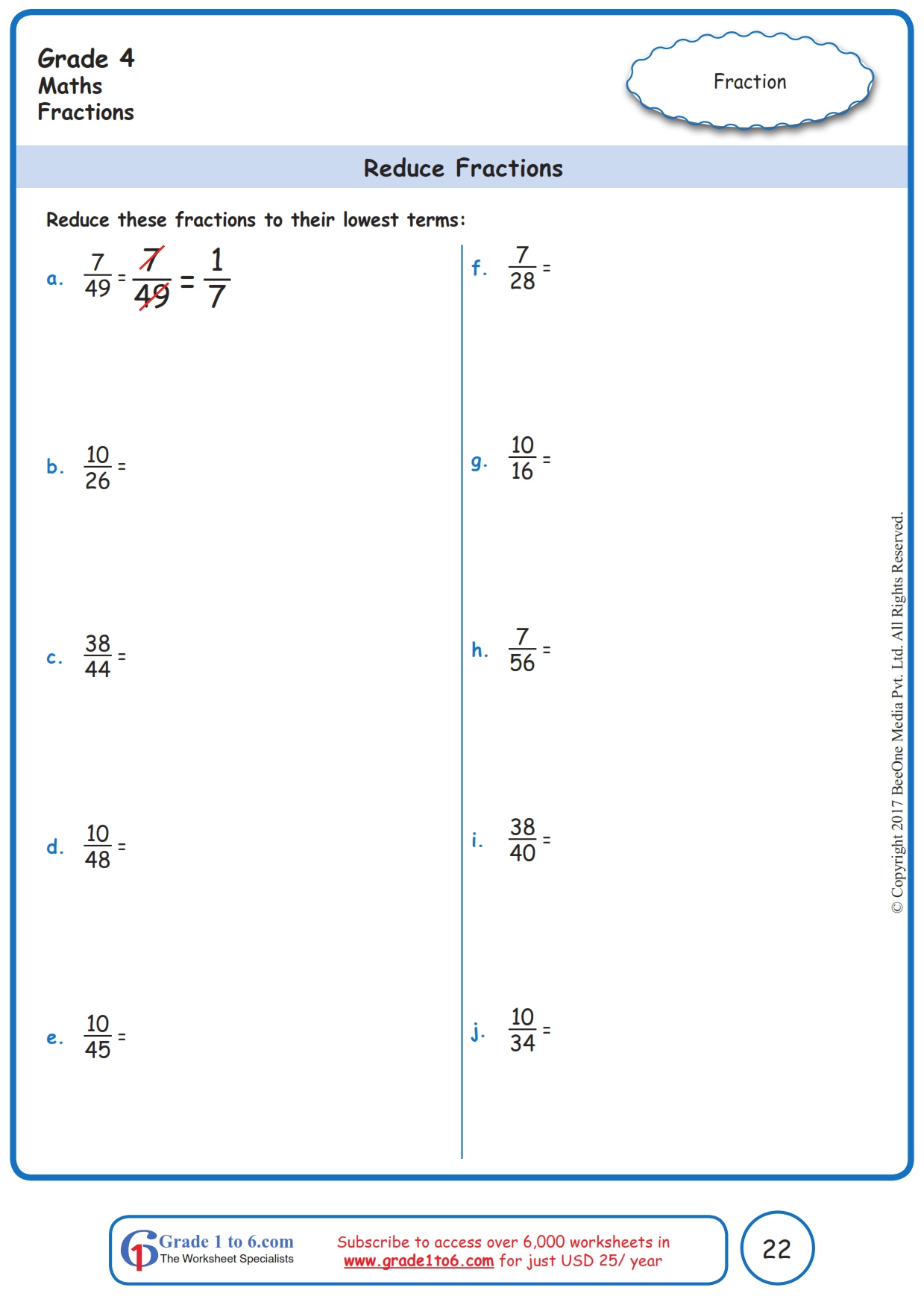 Grade 4 Reducing Fractions Worksheets www grade1to6