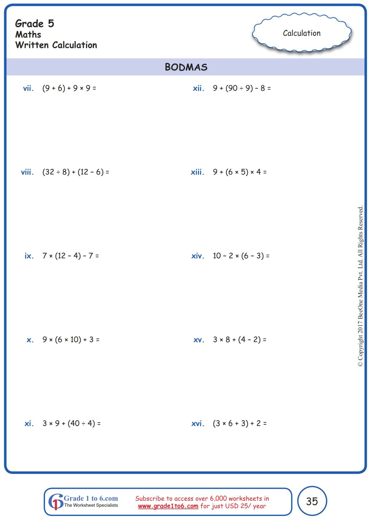 Grade 5 Class 5 Order Of Operation Worksheets Math Fact Worksheets 