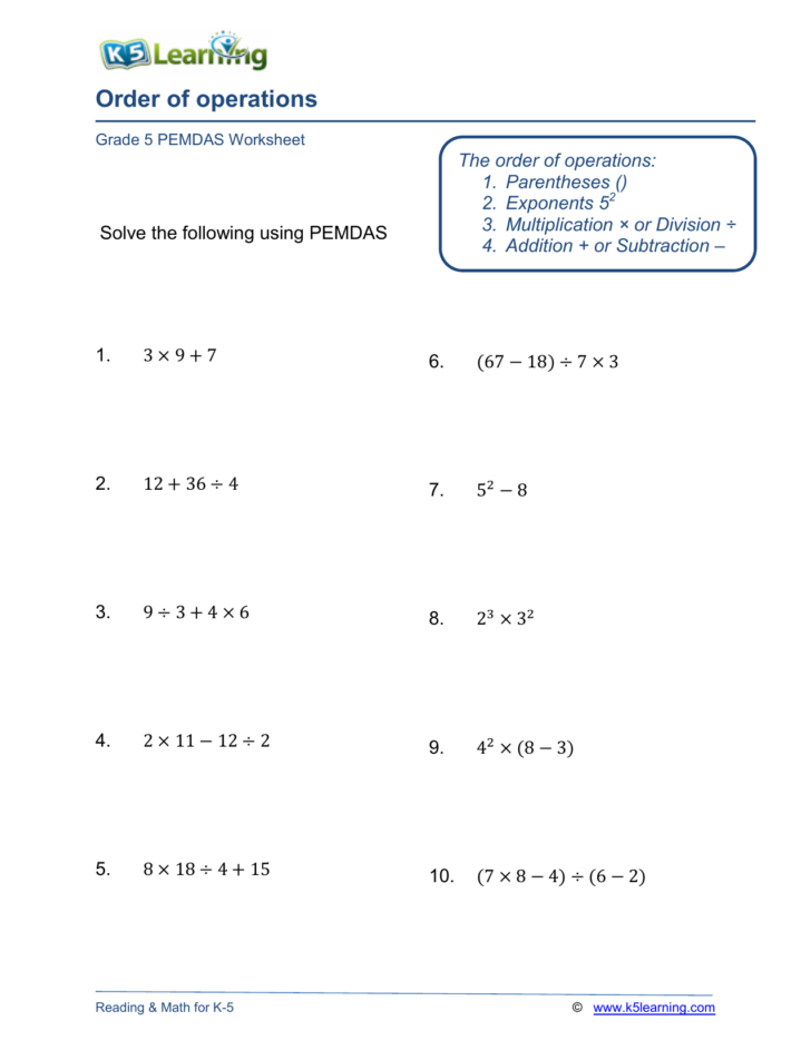 Order Of Operations Math Worksheets Grade 5