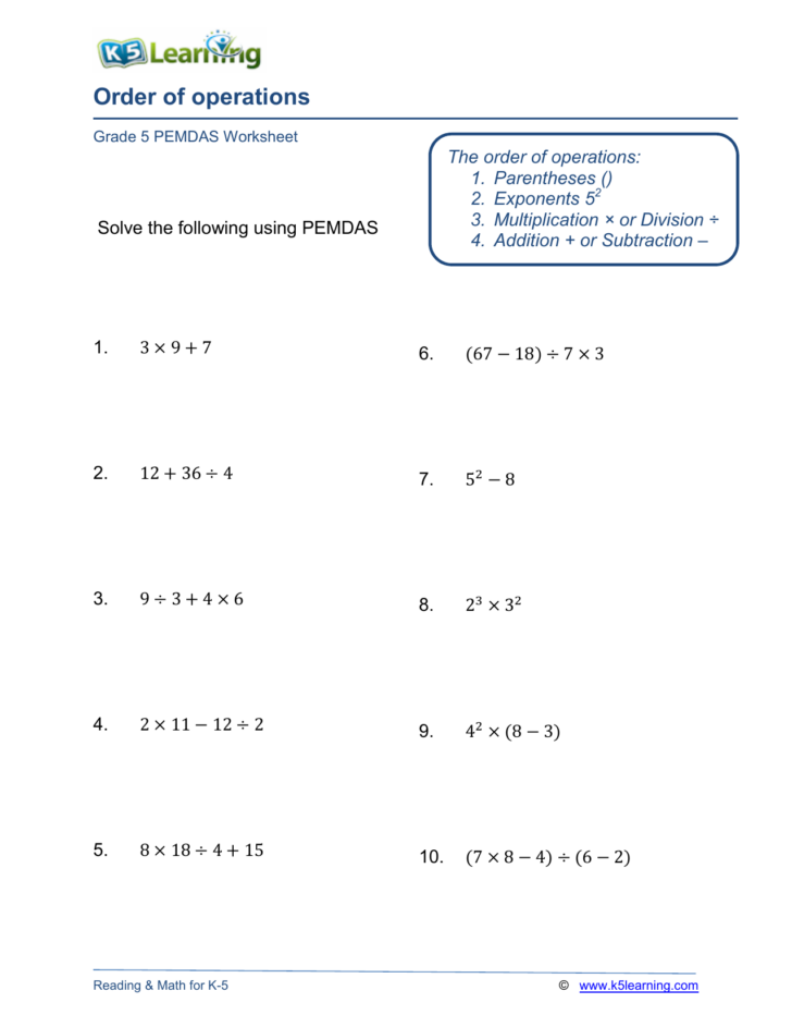 Order Of Operation Worksheets Grade 5 Free