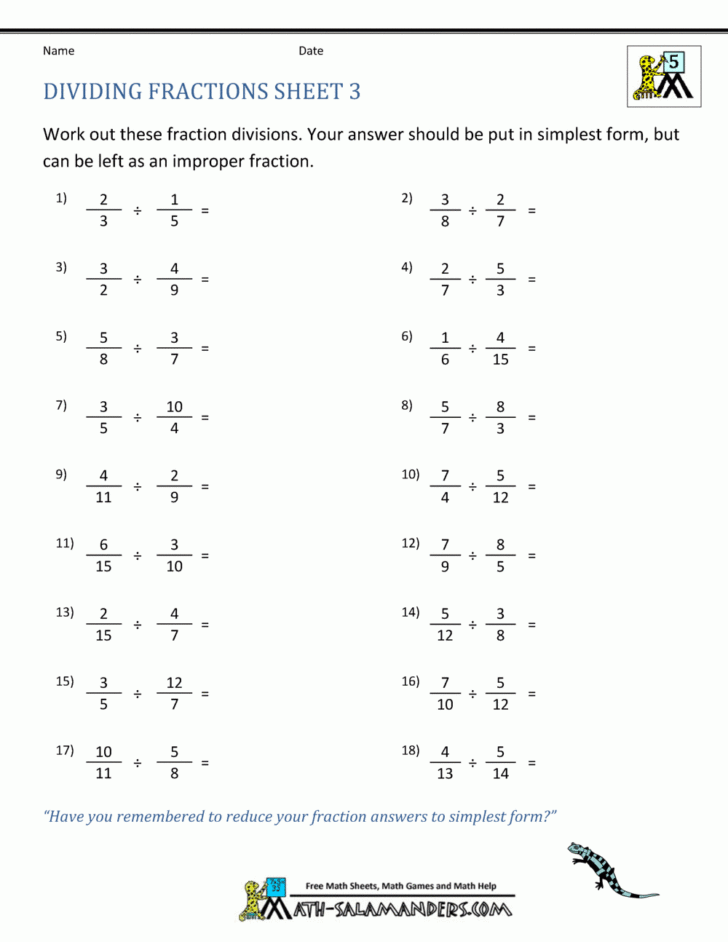 Dividing Fractions Worksheet And Answers