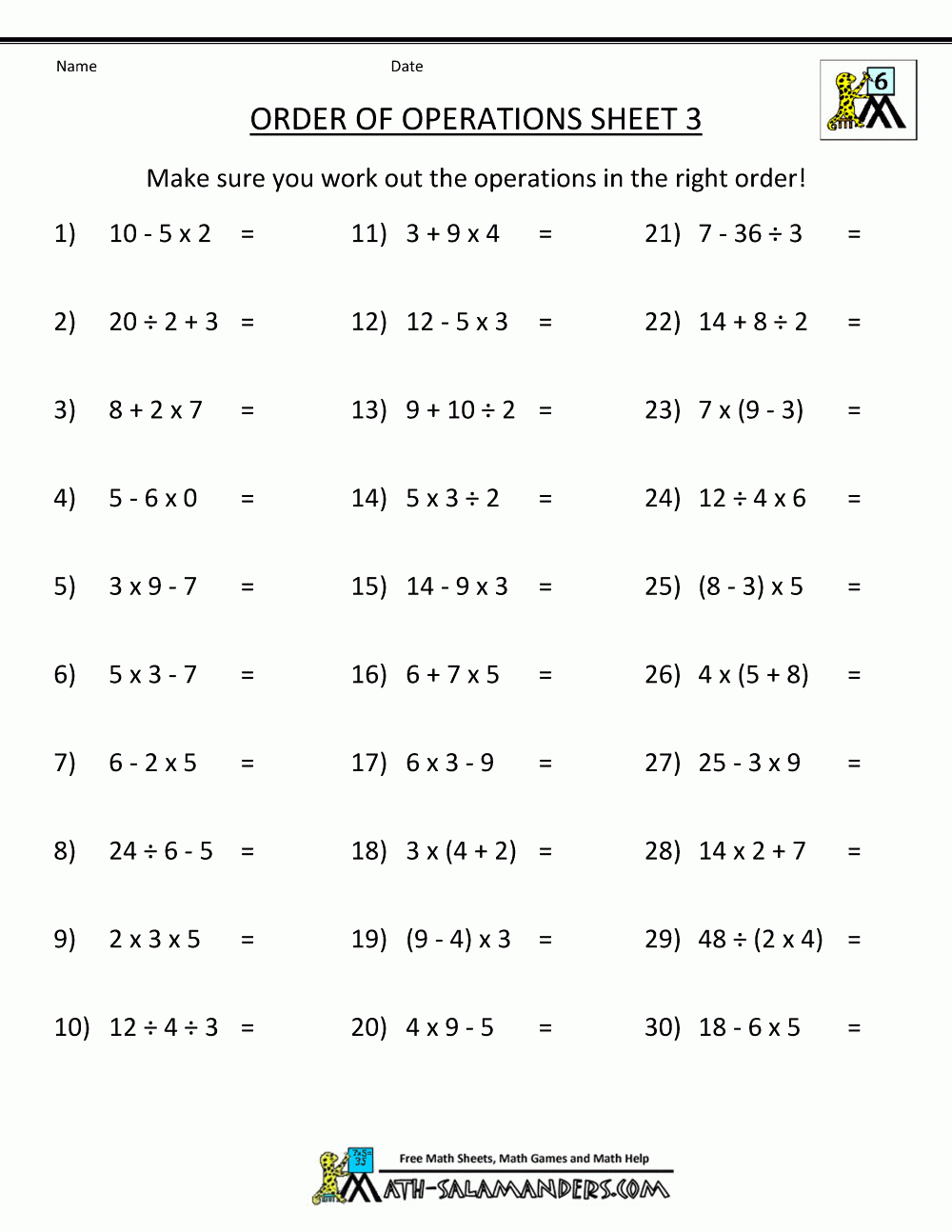 Image Result For Order Of Operations Worksheet 7th Grade Math 