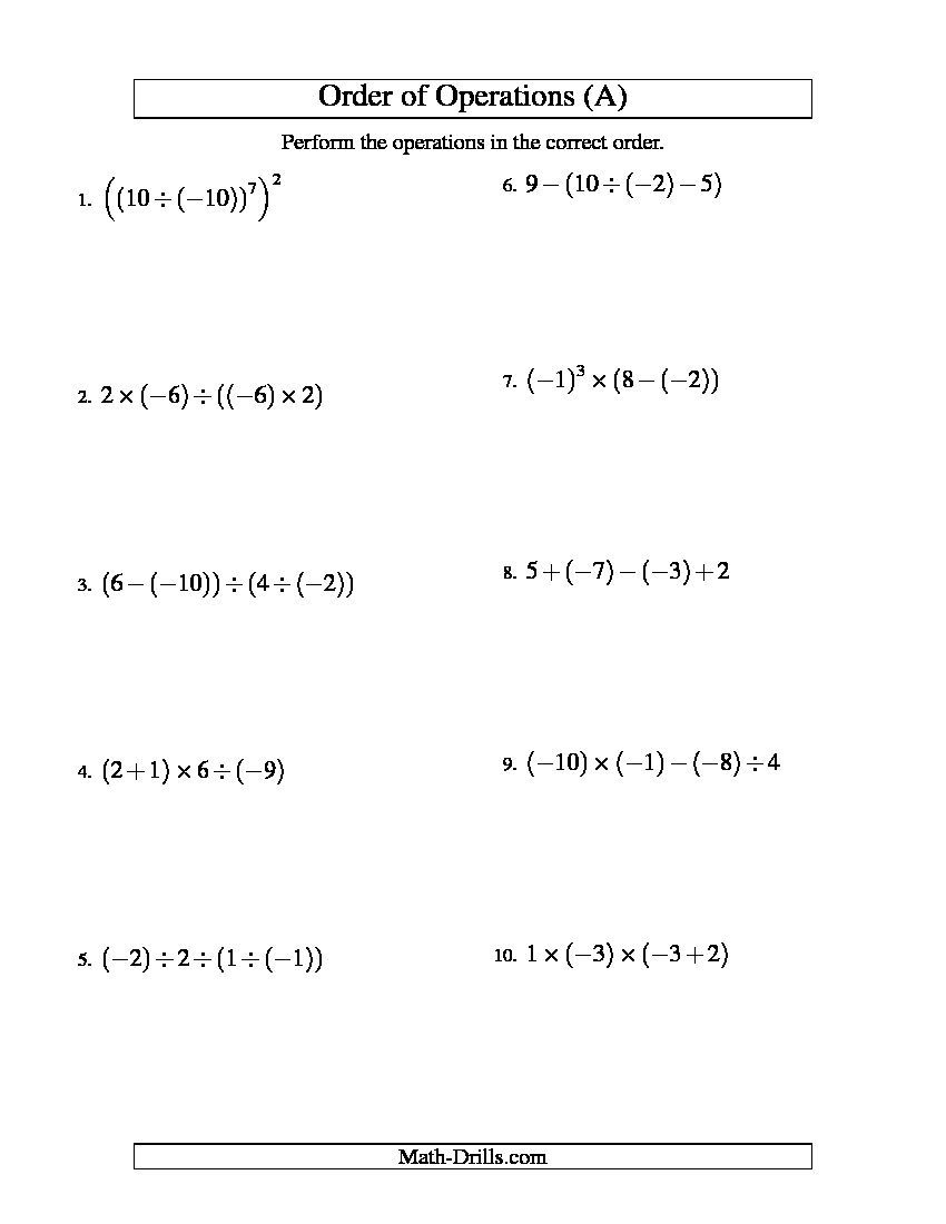 Integers Order Of Operations Three Steps Including Negative Integers 