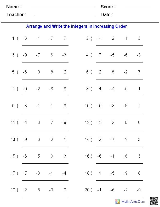 Integers Worksheets Dynamically Created Integers Worksheets Math 