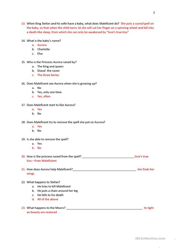 Maleficent Movie Answer Key English ESL Worksheets For Distance 