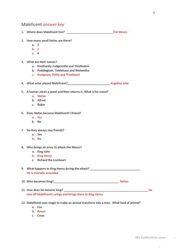 Maleficent Movie Answer Key English ESL Worksheets For Distance 