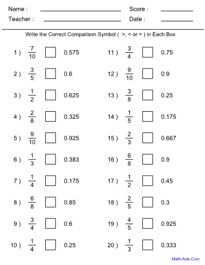 Math Aids Answer Sheets