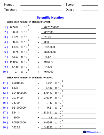 Math Aids Scientific Notation Worksheet