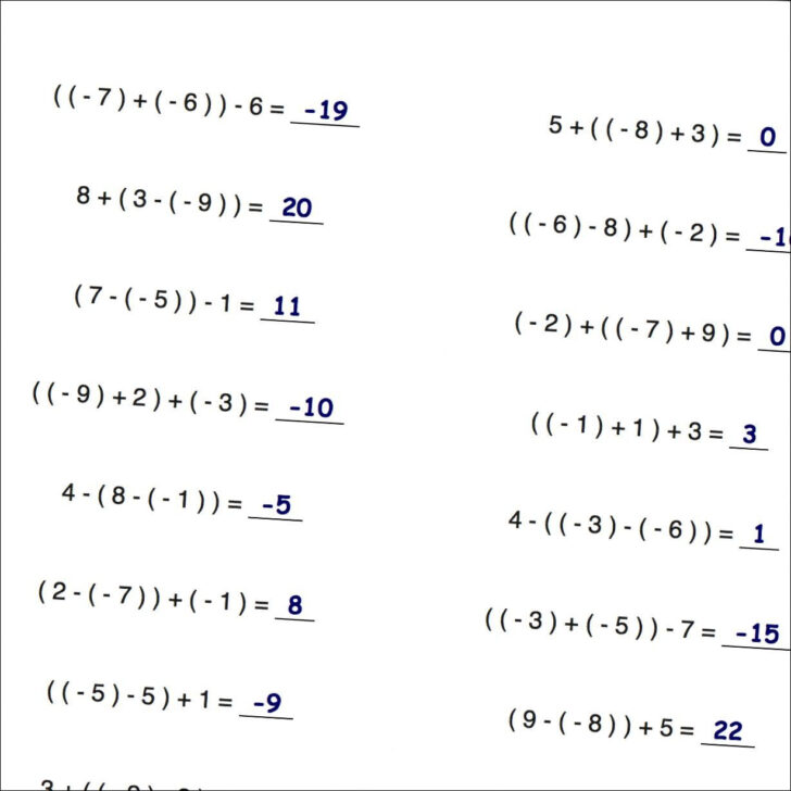 Order Of Operations With Positive And Negative Numbers Worksheet