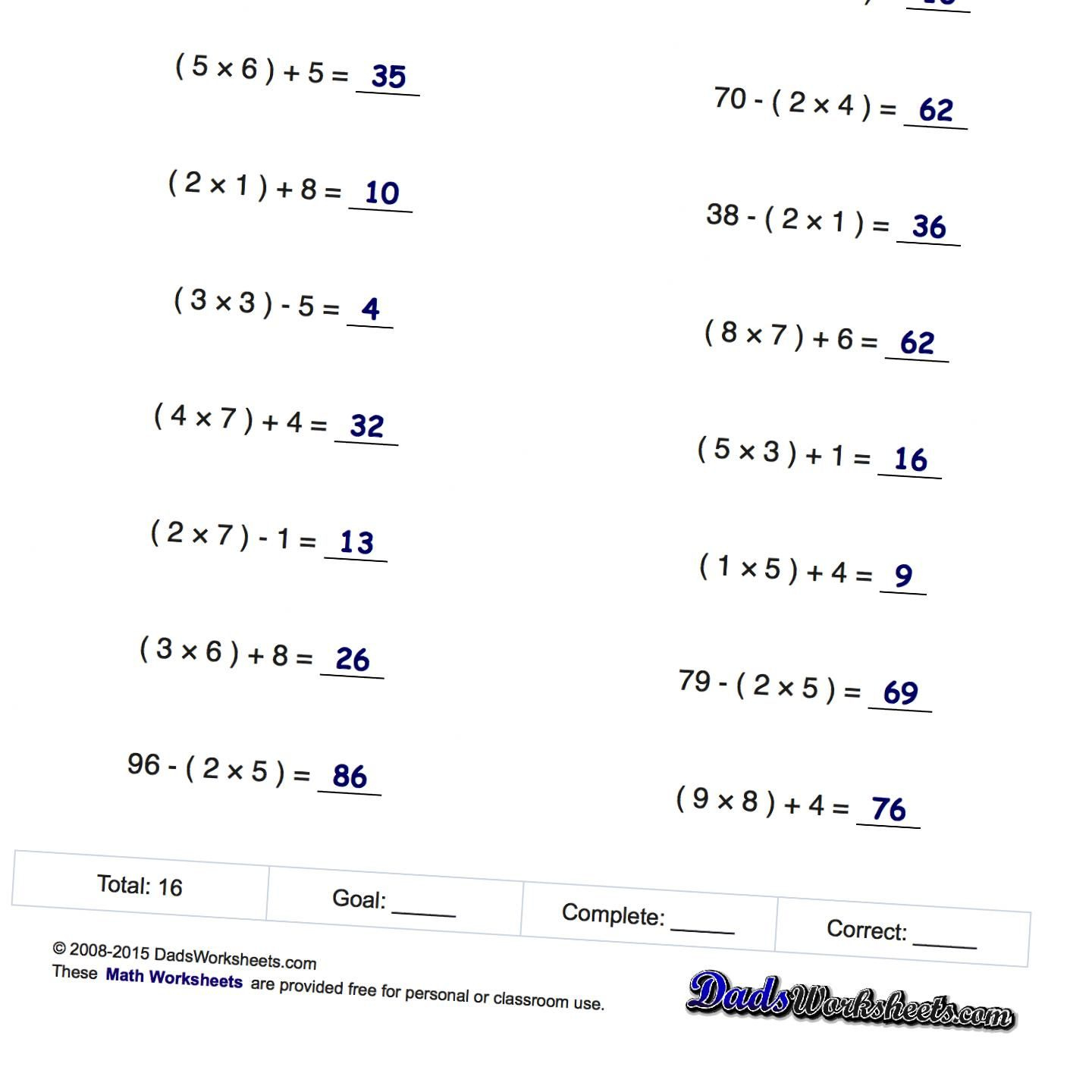 Math Worksheets Order Of Operations Order Of Operations Pemdas 