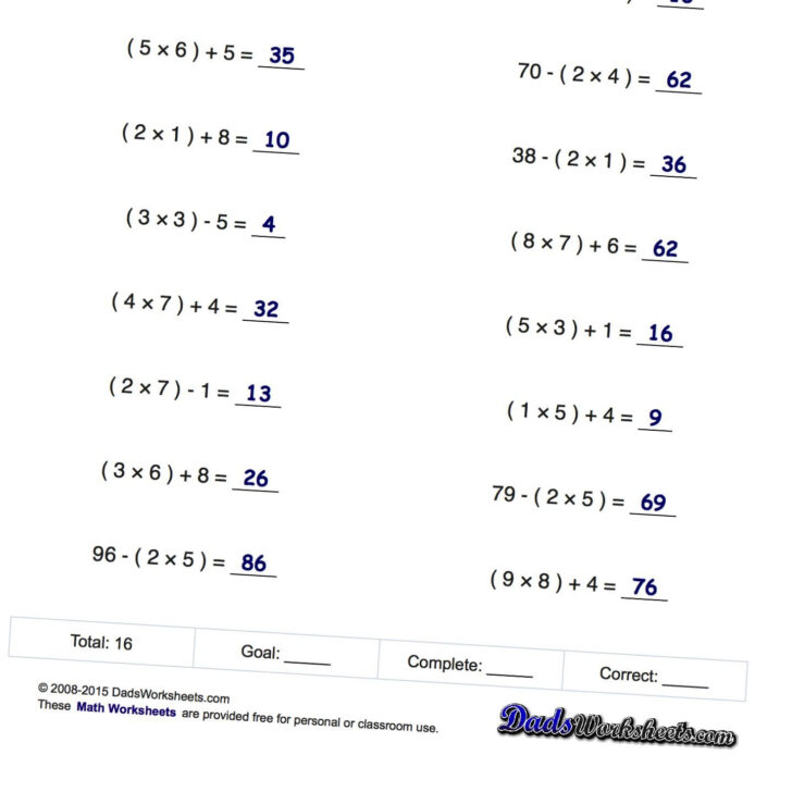 Math Worksheets Order Of Operations Order Of Operations Pemdas | Order ...