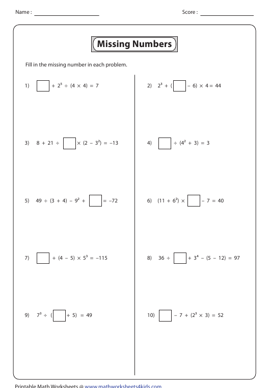 Missing Numbers Order Of Operations Worksheet With Answer Key Download 