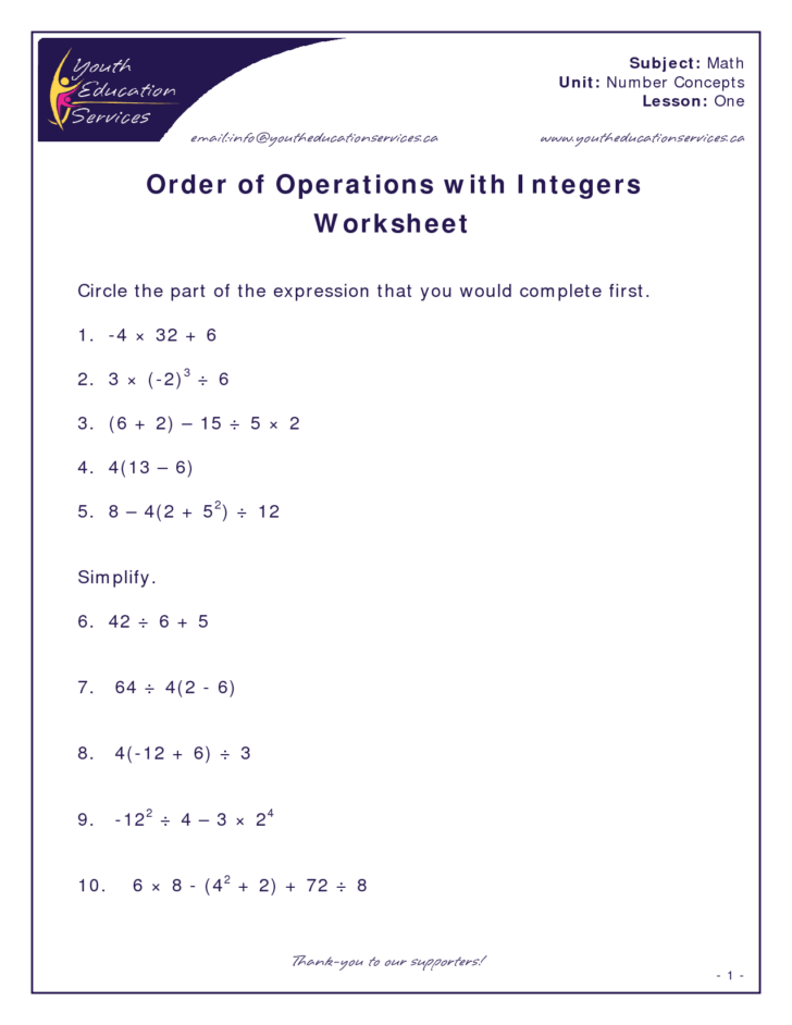 Order Of Operations 8th Grade Worksheet